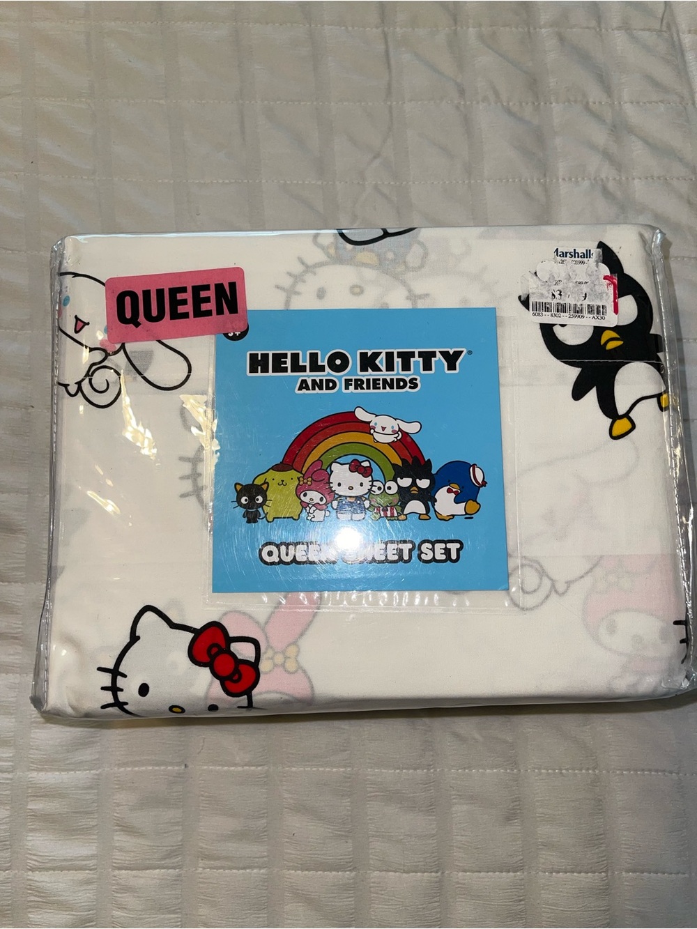 Hello Kitty Queen Sheet Set in White with Red, Black, Blue, Yellow Accents